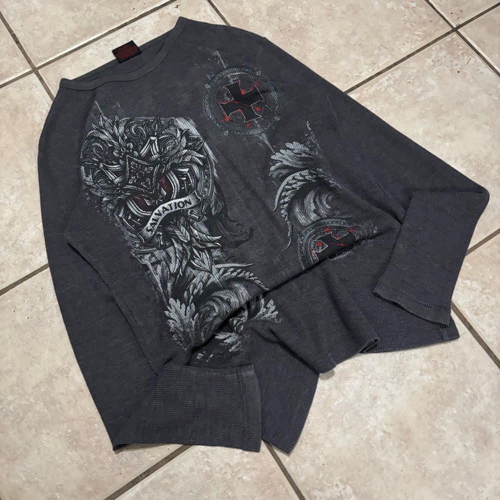 Vintage 00s black Southpole style y2k grunge aop MMA ELITE thermal skater tee